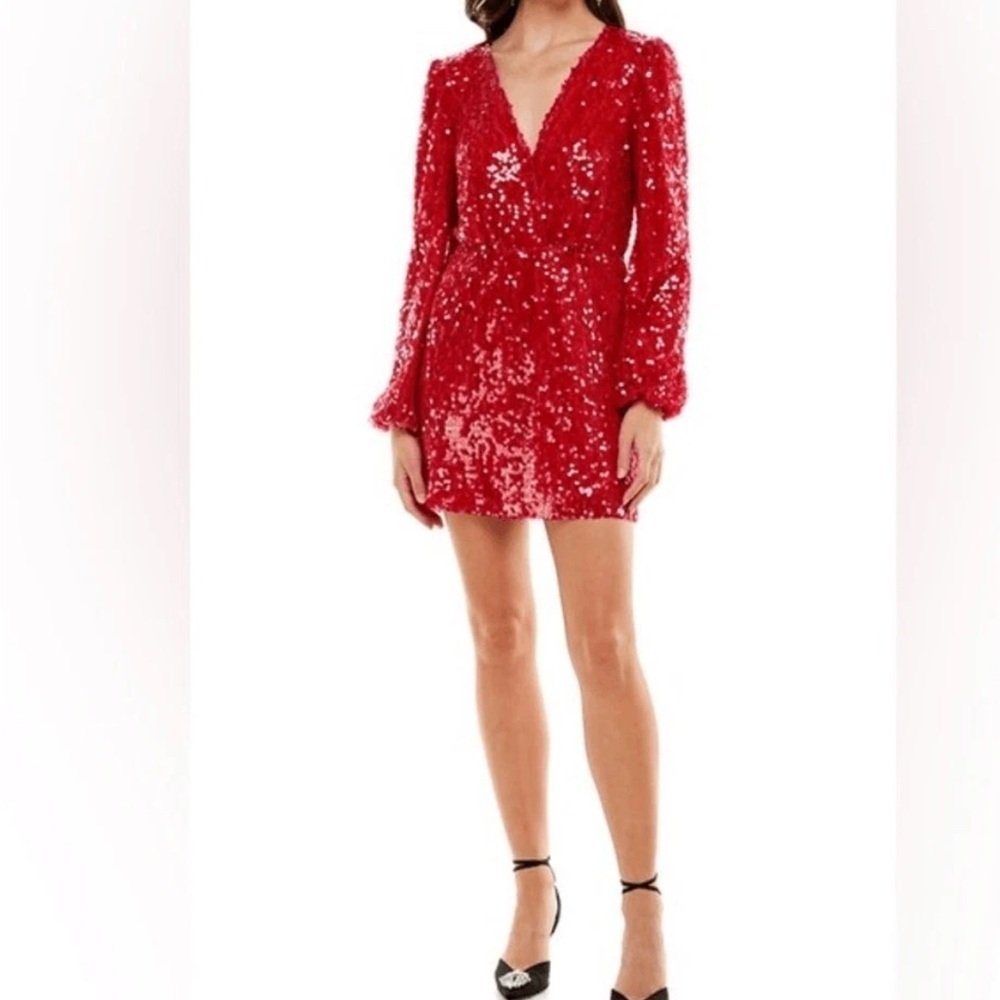 Wayf Scarlet Sequin Long Sleeve Dress Holiday Christmas Evening Sparkly